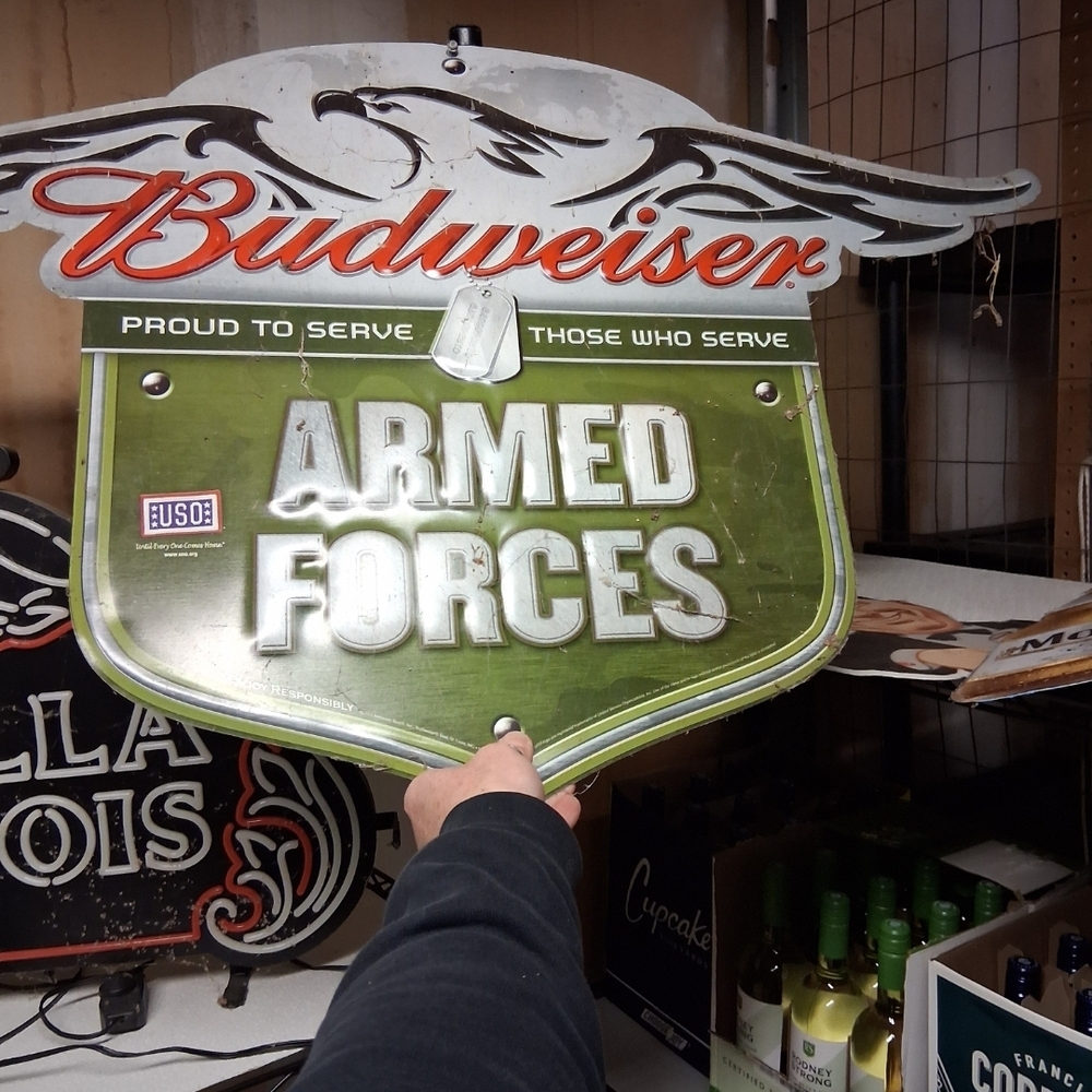 Budweiser Proud to Serve Sign with Green and Silver